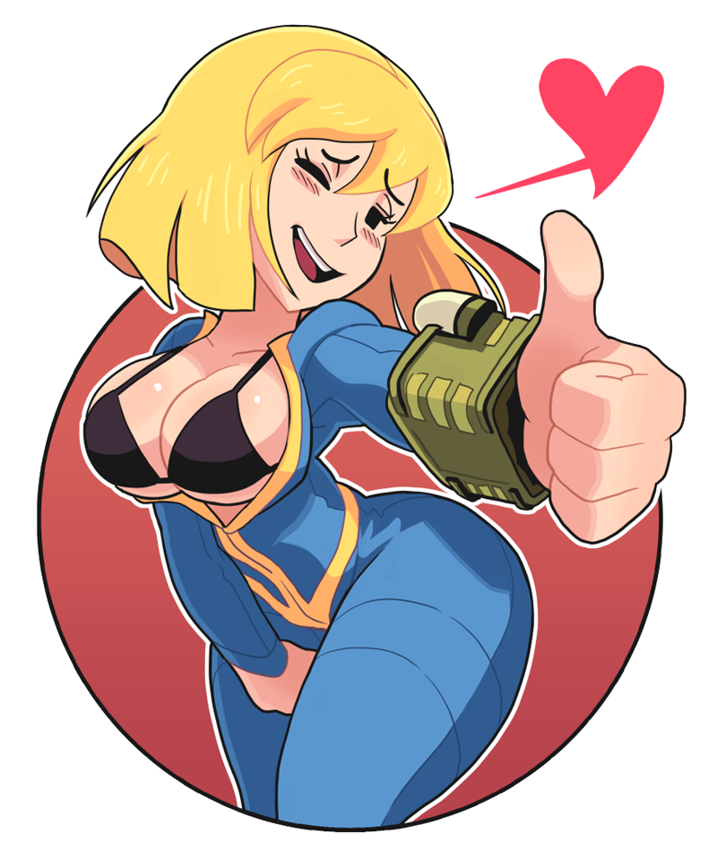 1girl between_legs black_bra blonde_hair blush borrowed_character bra breasts fallout fallout_4 gashi-gashi hand_between_legs heart large_breasts one_eye_closed pip_boy smile thumbs_up underwear unzipped vault_girl vault_jumpsuit_(fallout_4) vault_suit