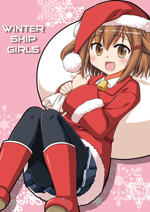 1girl :d alternate_costume bell bell_collar black_legwear blue_skirt boots brown_eyes brown_hair christmas collar fang fur_trim hair_ornament hairclip hard_translated hat ikazuchi_(kantai_collection) kantai_collection knees_up looking_at_viewer open_mouth over_shoulder pantyhose red_boots red_hat sack santa_boots santa_costume santa_hat short_hair sitting skirt smile snowflakes solo takano_ui translated