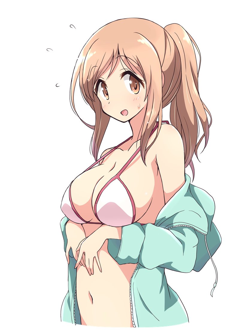 1girl aikawa_chiho blush bra breasts brown_eyes collarbone commentary_request high_ponytail jacket large_breasts light_brown_hair long_hair looking_at_viewer mel_(melty_pot) navel off_shoulder open_clothes open_jacket open_mouth ponytail simple_background solo standing stomach sweatdrop underwear upper_body wavy_hair white_background yuyushiki