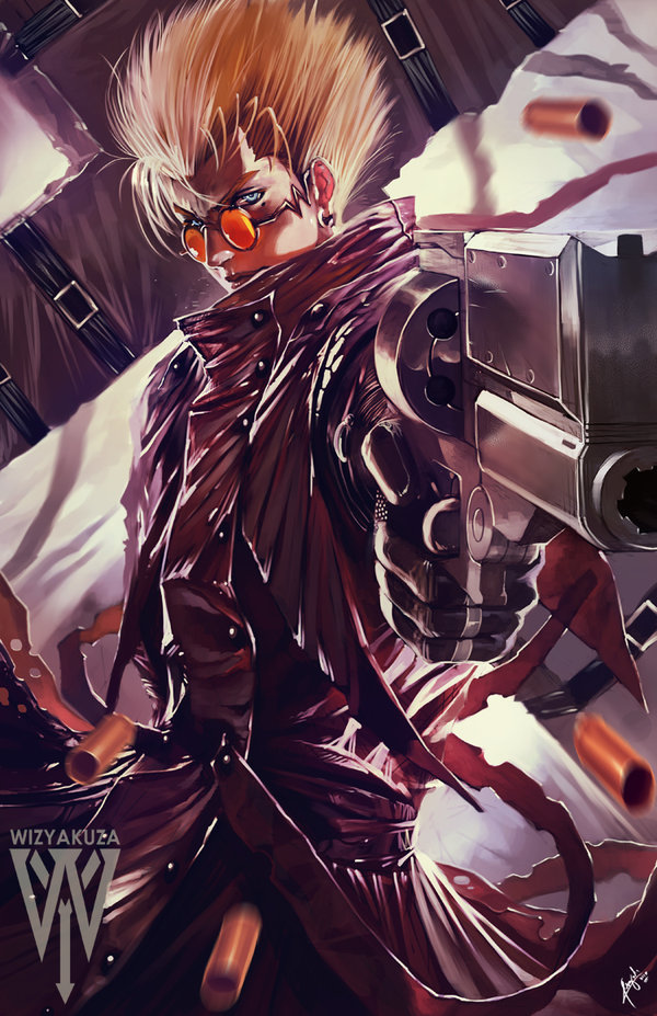 1boy absurdres blonde_hair blue_eyes ceasar_ian_muyuela coat cross earrings epic glasses gloves gun high_collar highres jewelry long_coat male_focus mole red_coat short_hair solo spiky_hair standing sunglasses trigun vash_the_stampede weapon