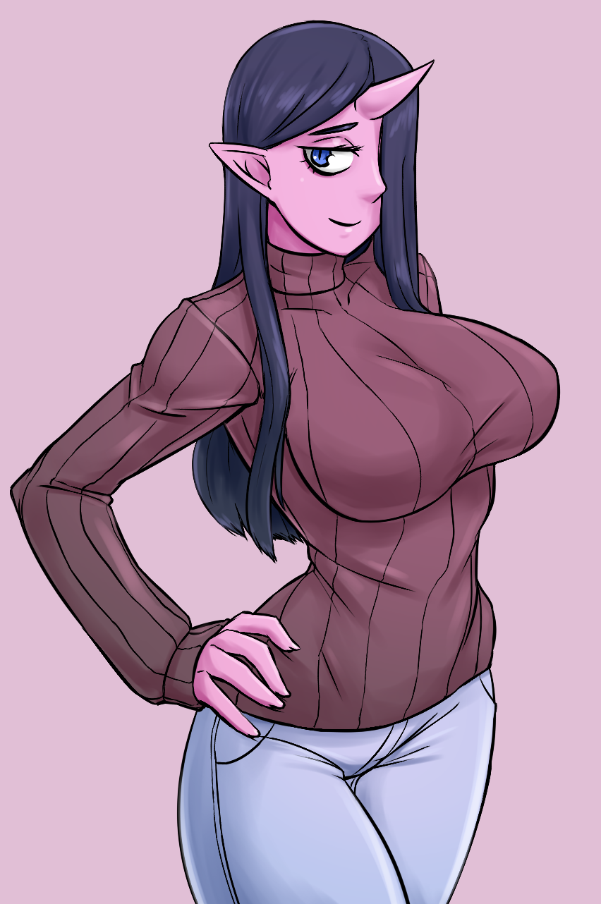 1girl black_hair blue_eyes breasts denim female hips horn ittla jeans large_breasts long_hair milf oni original pants pink_skin pointy_ears smile solo sweater