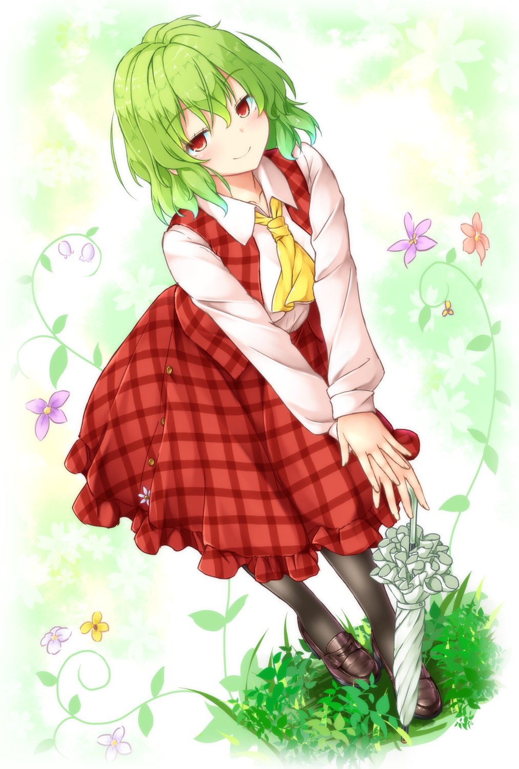 1girl aka_tawashi ascot black_footwear black_legwear blush collarbone commentary_request dutch_angle eyebrows_visible_through_hair floral_background flower frilled_skirt frills full_body green_background green_hair green_umbrella hair_between_eyes highres kazami_yuuka leaf leaning_forward loafers long_sleeves looking_at_viewer multicolored multicolored_background pantyhose plaid plaid_skirt plaid_vest planted_umbrella purple_flower red_eyes red_flower red_skirt red_vest shirt shoes short_hair skirt smile solo standing touhou umbrella v_arms vest white_background white_shirt wing_collar yellow_background yellow_neckwear