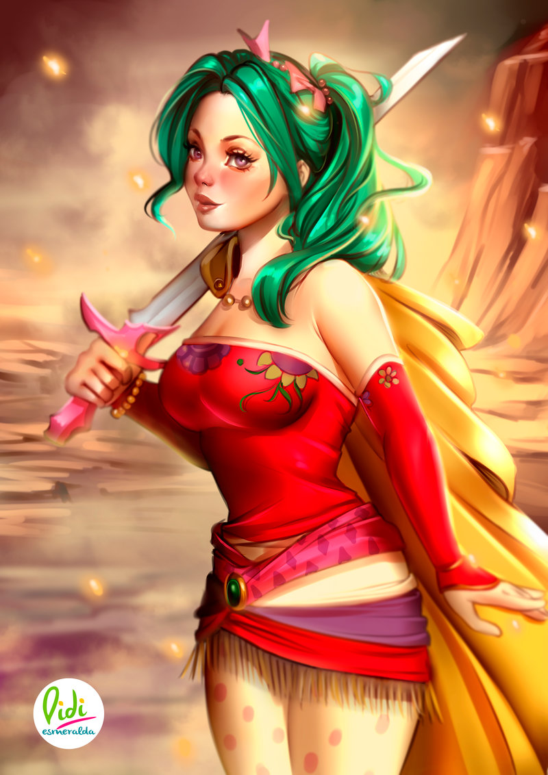 1girl artist_name bare_shoulders breasts cape cleavage detached_sleeves didi_esmeralda embers final_fantasy final_fantasy_vi green_hair looking_at_viewer solo sword tina_branford weapon_over_shoulder