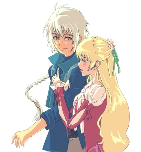 1boy 1girl belt blonde_hair blue_eyes blush braid breasts claire_bennett closed_eyes dress flower long_hair open_mouth pants ribbon smile tales_of_(series) tales_of_rebirth veigue_lungberg white_hair
