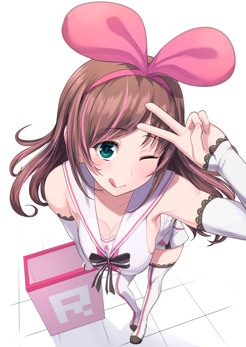 1girl a.i._channel bad_perspective bow breasts brown_hair cleavage from_above gloves green_eyes hair_bow hairband highres kizuna_ai large_breasts licking_lips long_hair looking_at_viewer miyamoto_issa multicolored_hair one_eye_closed pink_bow pink_hair sailor_collar skirt smile solo streaked_hair thigh-highs tongue tongue_out v white_gloves white_legwear white_skirt