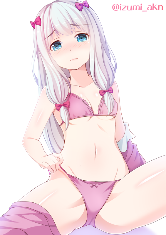 1girl bangs blue_eyes blush bow bow_bikini breasts closed_mouth clothes_pull collarbone embarrassed eromanga_sensei eyebrows_visible_through_hair groin hair_bow izumi_akane izumi_sagiri light_frown long_hair looking_at_viewer navel nose_blush pink_bow shorts shorts_pull simple_background sitting small_breasts solo tareme thighs twitter_username white_background white_hair