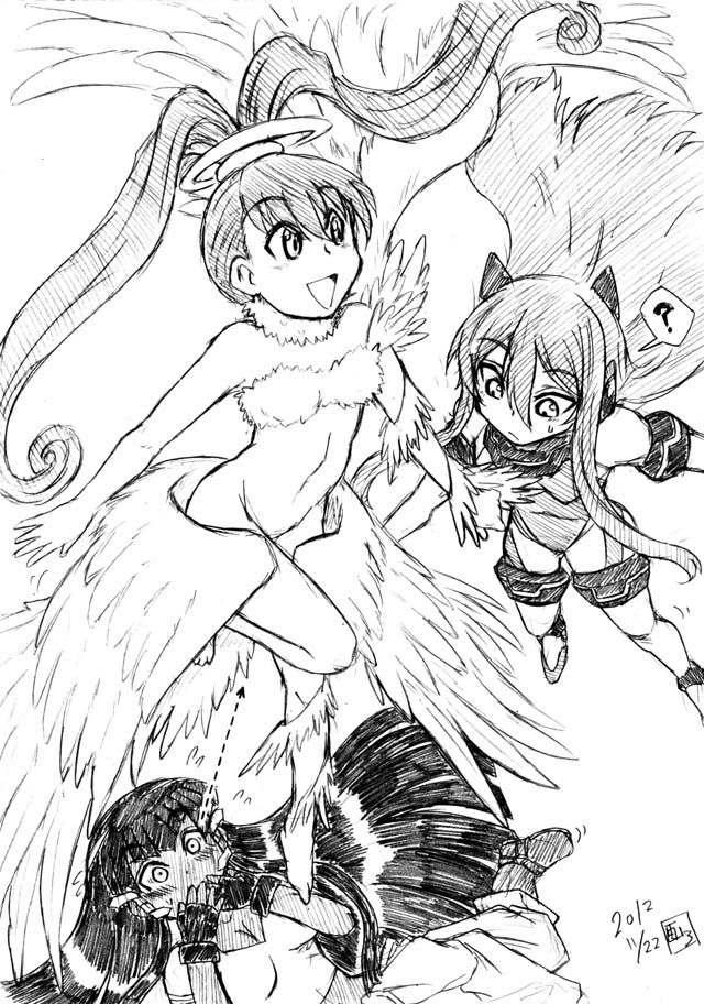3girls amano_nene angel_wings bandai barefoot character_request dated digimon digimon_xros_wars feathers female flying gamonkoubou halo high_ponytail jewelry long_hair luminamon monochrome multiple_girls nude open_mouth ring saliva smile twintails wings