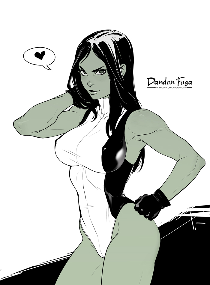 1girl adjusting_hair artist_name bare_shoulders breasts dandon_fuga erect_nipples gloves hand_on_hip heart leotard long_hair looking_at_viewer marvel monochrome she-hulk smile solo spoken_heart standing