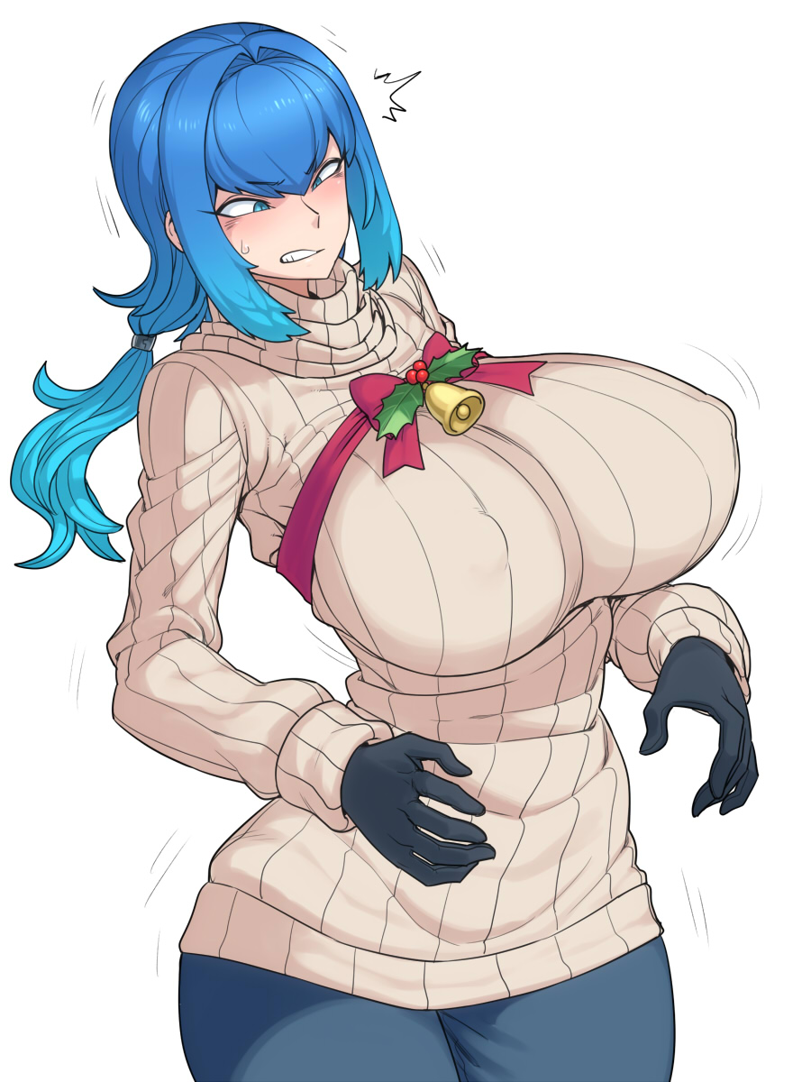 1girl bell black_gloves blue_eyes blue_hair blush bow breasts clenched_teeth cowboy_shot eyebrows eyelashes female from_side gloves gradient_hair hair_tie highres holly huge_breasts long_hair long_sleeves looking_down low_ponytail mistletoe motion_lines multicolored_hair original ponytail ribbed_sweater ribbon sidelocks simple_background solo space_jin sweatdrop sweater teeth turtleneck white_background zoe_(space_jin)