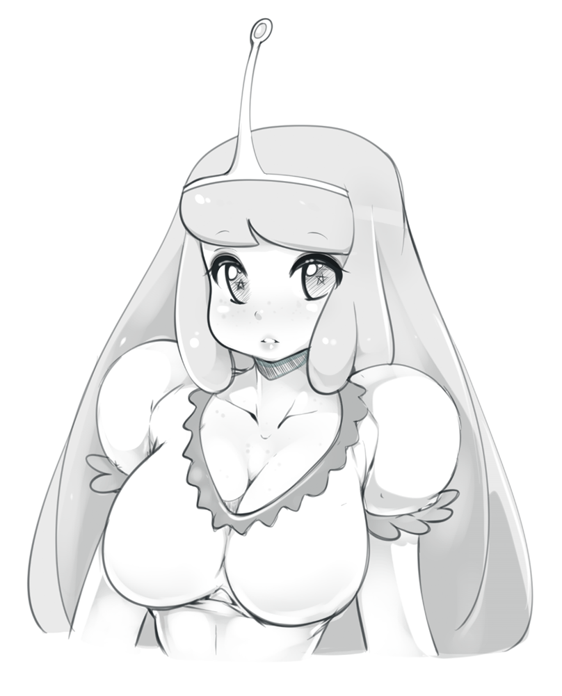 1girl adventure_time blush breasts cartoon_network cleavage collarbone dress greyscale hime_cut impossible_clothes impossible_dress lips long_hair looking_at_viewer monochrome parted_lips princess_bonnibel_bubblegum puffy_short_sleeves puffy_sleeves short_sleeves simple_background slugbox solo star-shaped_pupils symbol-shaped_pupils tiara upper_body white_background