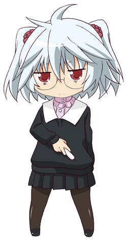 1girl blue_hair byouinzaka_yamane chibi dansai_bunri_no_crime_edge glasses masaki_itsuki pantyhose red_eyes shoes short_hair simple_background skirt solo syringe twintails