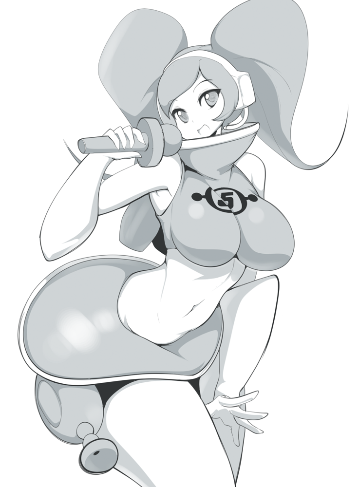 1girl crop_top elbow_gloves energy_gun gloves headset high_collar looking_at_viewer microphone midriff miniskirt monochrome navel open_mouth ray_gun sega skirt slugbox smile solo space_channel_5 thick_thighs twintails ulala weapon