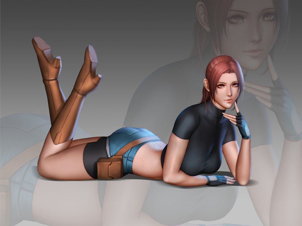 1girl ass audia_pahlevi bike_shorts claire_redfield crop_top denim denim_shorts fingerless_gloves gloves legs_up looking_at_viewer lying on_stomach redhead resident_evil shorts solo