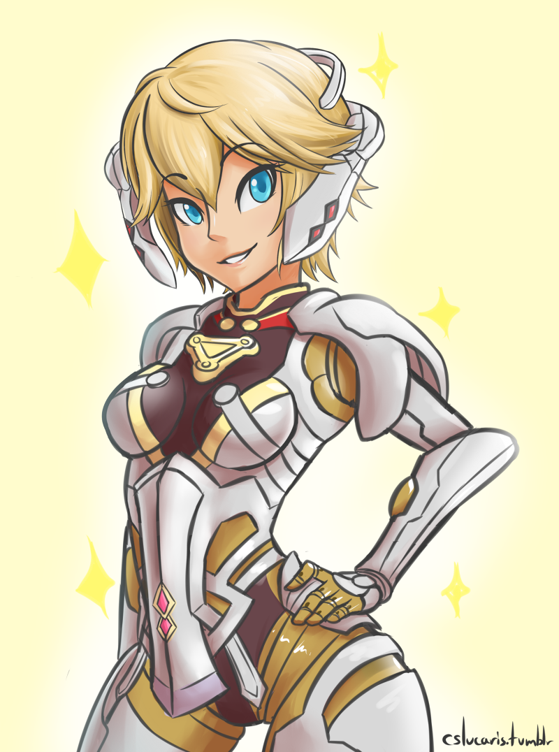 1girl blonde_hair breasts cslucaris cyborg female fiorun green_eyes nintendo short_hair smile xenoblade