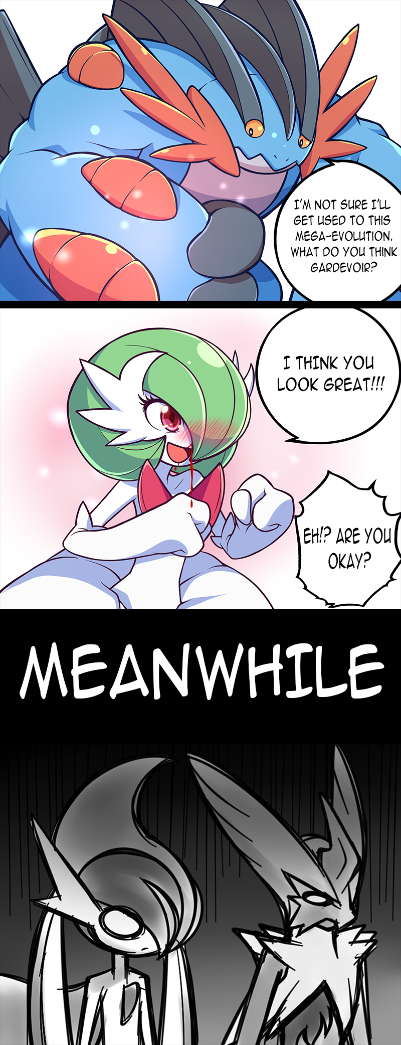 1girl 3boys blaziken blood blush gallade gardevoir mega_gallade mega_gardevoir mega_pokemon mega_swampert mgx0 multiple_boys nosebleed pokemon pokemon_(game) swampert