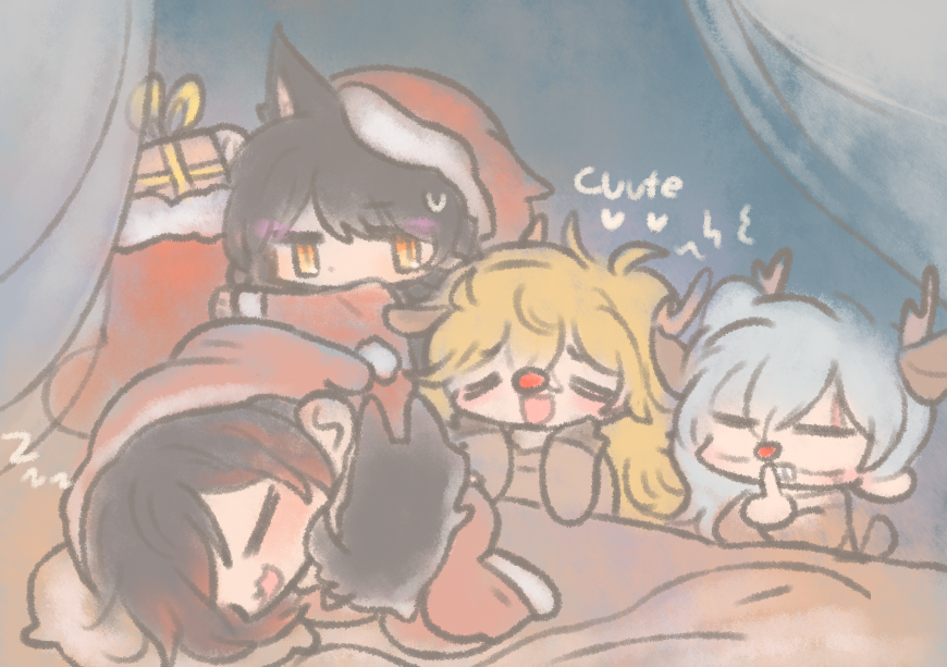 4girls animal_costume antlers blake_belladonna cat_ears christmas dog gift hat multiple_girls reindeer_antlers reindeer_costume ruby_rose rwby santa_hat sleeping weiss_schnee yang_xiao_long zwei_(rwby)