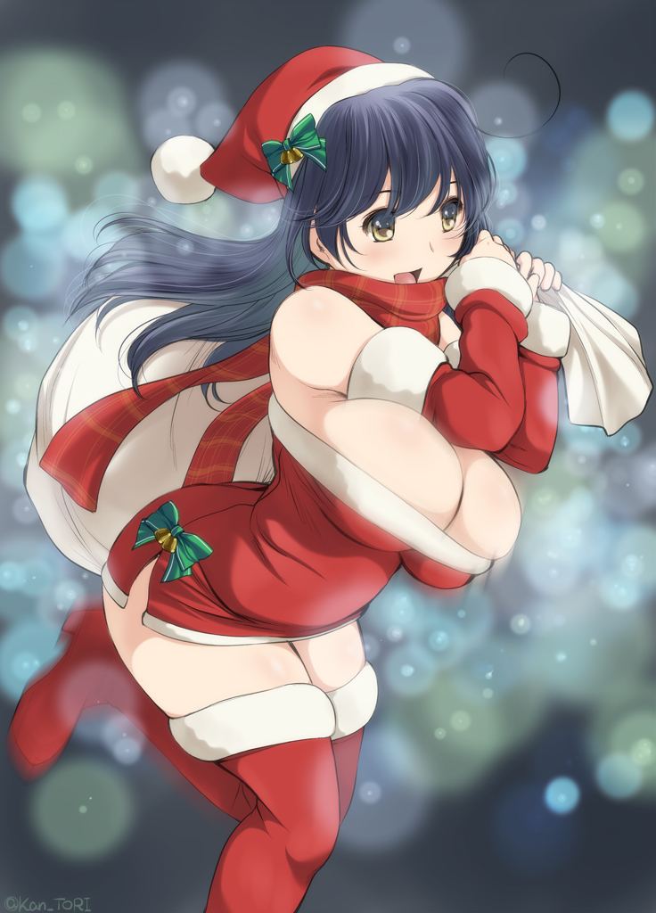 1girl artist_name bare_shoulders black_hair blush breasts brown_eyes carrying cleavage curvy female hat huge_breasts kantai_collection kantori large_breasts long_hair open_mouth plaid plaid_scarf red_legwear sack santa_costume santa_hat scarf smile solo thigh-highs twitter_username ushio_(kantai_collection) wide_hips