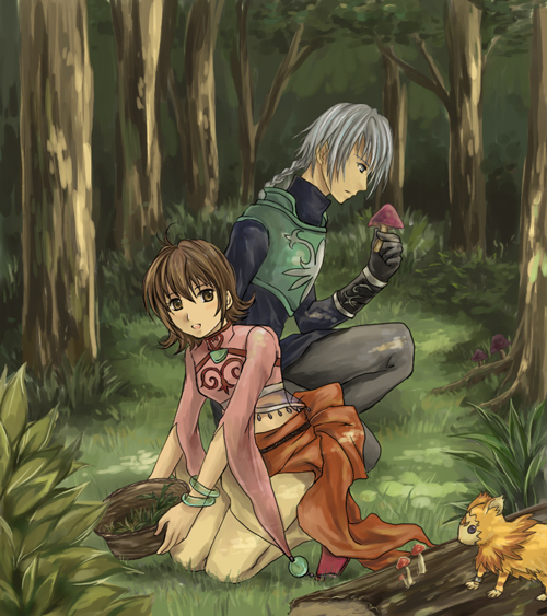 1boy 1girl annie_barrs armor belt blue_eyes blush bracelet braid breasts brown_eyes brown_hair forest gloves grey_hair jewelry long_hair midriff mushroom nature navel open_mouth pants shoes short_hair tales_of_(series) tales_of_rebirth veigue_lungberg wide_sleeves