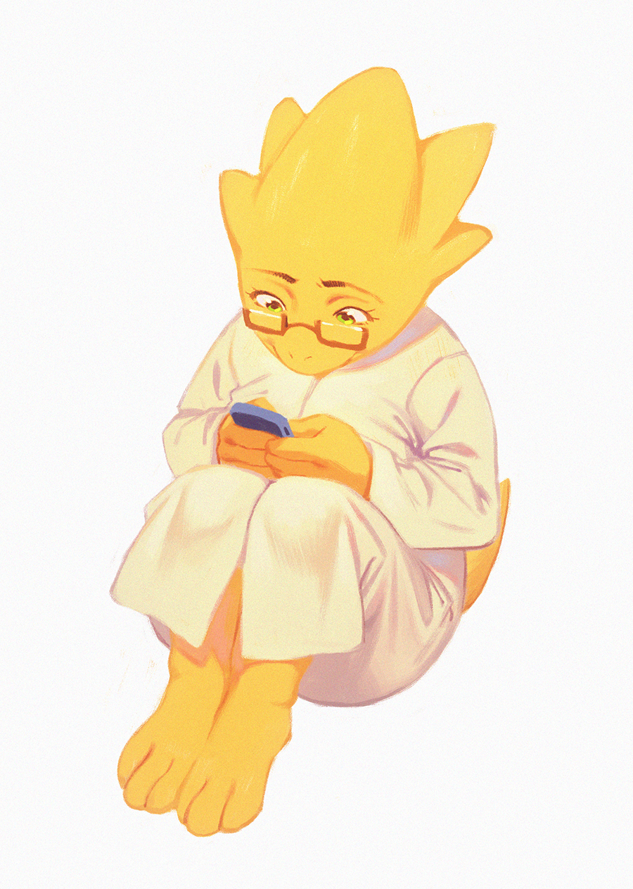 1girl alphys aruurara furry glasses green_eyes labcoat reptile solo undertale yellow_skin