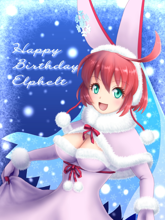 1girl ahoge arc_system_works artist_request birthday blush breasts bridal_veil christmas cleavage curtsey dress elphelt_valentine female gloves green_eyes guilty_gear guilty_gear_xrd happy_birthday large_breasts looking_at_viewer open_mouth pink_dress pink_hair smile snow solo veil wedding_dress