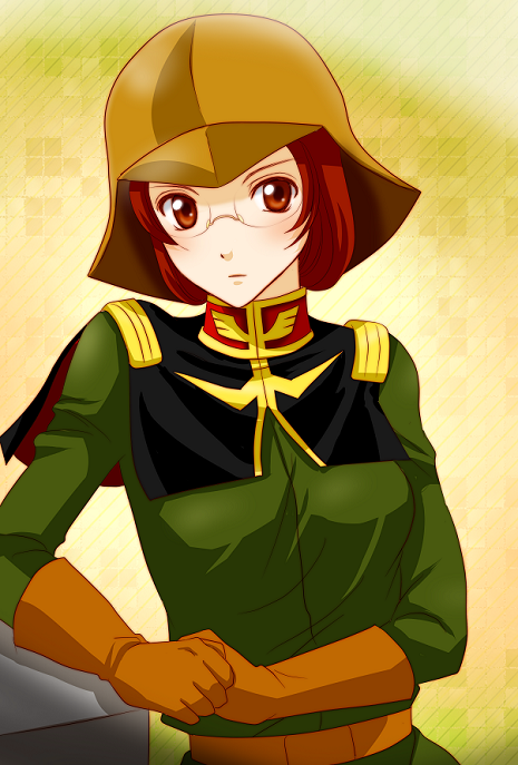 1girl brown_eyes brown_hair female glasses gloves gradient gradient_background gundam helmet machinosuke military military_uniform mobile_suit_gundam simus_al_bakharov solo uniform upper_body