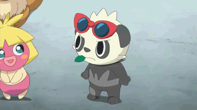 &gt;_&lt; animated animated_gif eevee kiss no_humans pancham pokemon pokemon_(anime) smoochum sunglasses