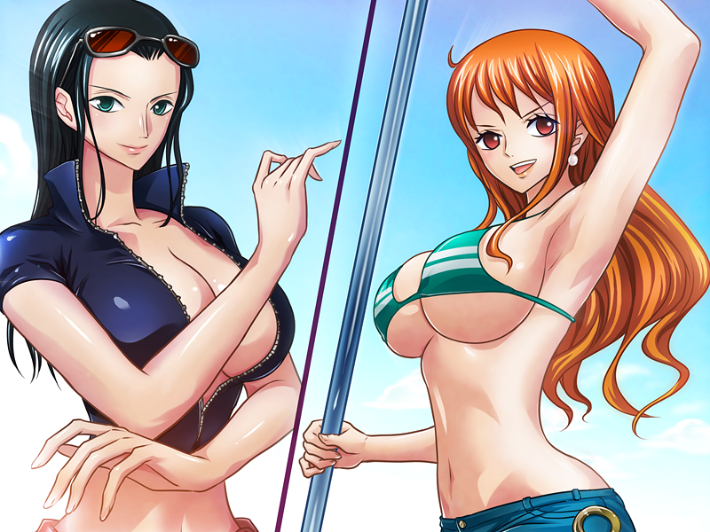2girls armpits bare_shoulders bikini_top black_hair breasts cleavage green_eyes kodamashi large_breasts long_hair looking_at_viewer multiple_girls nami_(one_piece) navel nico_robin one_piece open_mouth orange_hair red_eyes shounen_jump simple_background smile standing