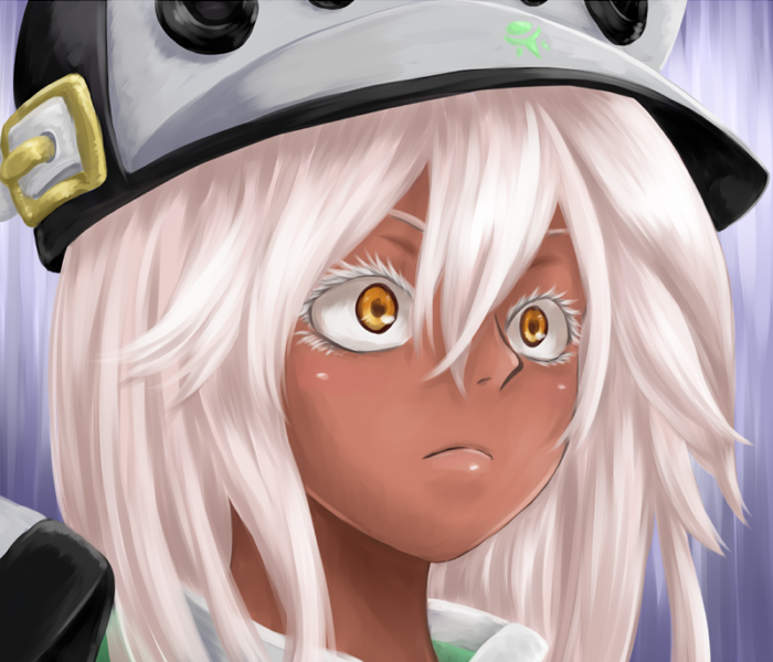 1girl arc_system_works blush constricted_pupils dark_skin guilty_gear guilty_gear_xrd hat long_hair orange_eyes ramlethal_valentine reaction silver_hair solo