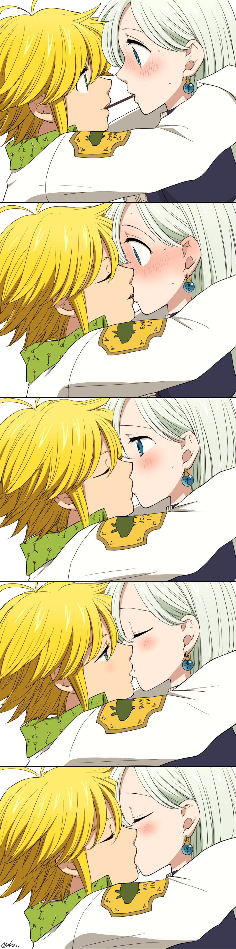 1boy 1girl 5koma absurdres antenna_hair artist_name bangs blonde_hair blue_earrings blue_eyes blush closed_eyes comic couple elizabeth_liones embarrassed emblem eye_contact food green_eyes harumiya highres kiss long_image looking_at_another meliodas nanatsu_no_taizai nose_blush pocky pocky_kiss shared_food shirt tall_image white_background white_shirt