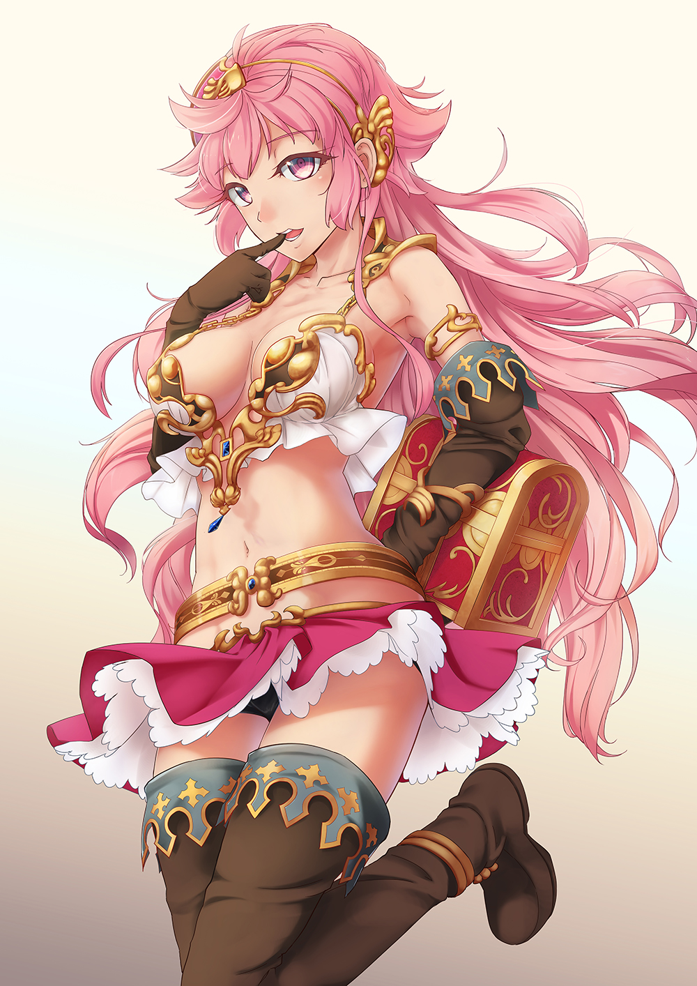 1girl boots breasts chain_chronicle chest cleavage elbow_gloves finger_in_mouth gloves jason_kong jewelry long_hair messy_hair nimpha_(chain_chronicle) pink_hair skirt solo treasure