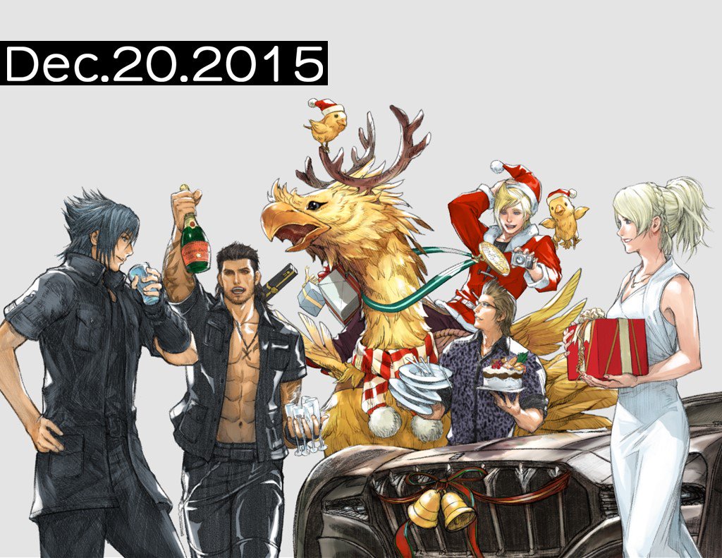 1girl 4boys abs antlers bottle cake chocobo christmas dated dress final_fantasy final_fantasy_xv food gladiolus_amicitia hat ignis_scientia jacket lunafreya_nox_fleuret multiple_boys noctis_lucis_caelum official_art plate present prompto_argentum riding santa_hat square_enix work_in_progress