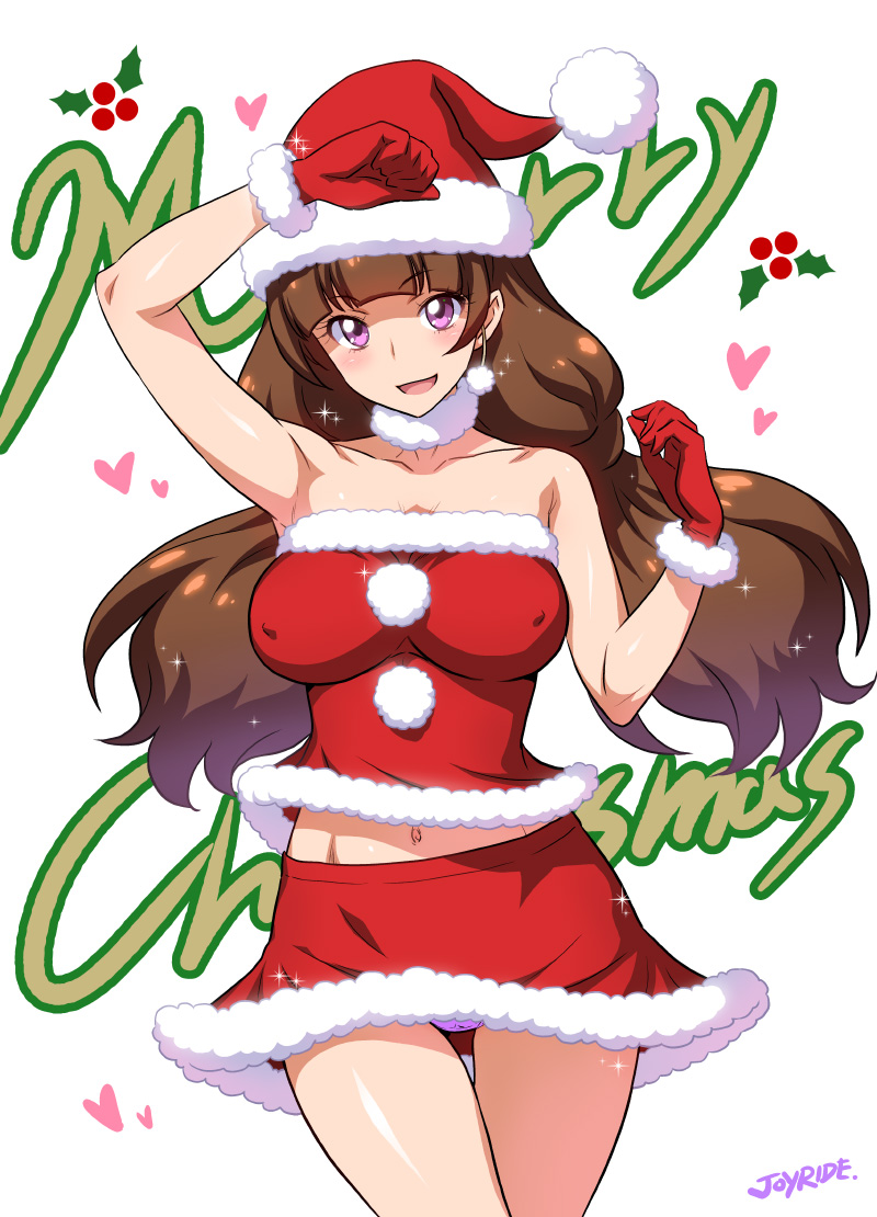 1girl :d amanogawa_kirara arm arm_up armpits artist_name bare_arms bare_shoulders blush breasts brown_hair choker christmas clenched_hand collarbone earrings erect_nipples female gloves go!_princess_precure happy hat heart jewelry joy_ride large_breasts legs long_hair looking_at_viewer low_twintails merry_christmas midriff navel open_mouth panties pantyshot pantyshot_(standing) precure purple_panties red_gloves red_skirt santa_costume santa_gloves santa_hat skin_tight skirt smile solo sparkle standing strapless tubetop twintails underwear upskirt violet_eyes white_background