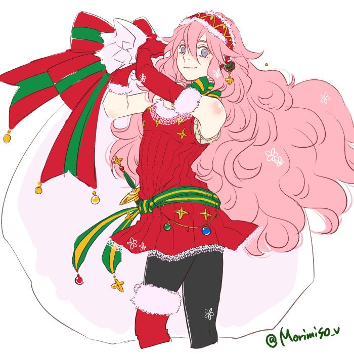 1girl christmas christmas_tree fire_emblem fire_emblem_heroes fire_emblem_if gloves hairband hat insarability long_hair looking_at_viewer pantyhose pink_hair santa_costume simple_background smile soleil_(fire_emblem_if) solo very_long_hair white_background