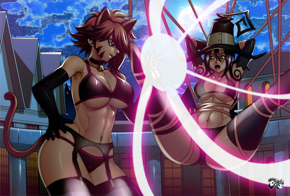 2girls abs animal_ears arms_behind_head bdsm bikini blair bondage bound brown_hair cat_ears cat_tail crossover elbow_gloves facial_mark fairy_tail fake_animal_ears garter_straps gloves hand_on_hip hat jadenkaiba magic millianna moon multiple_girls navel night soul_eater spread_legs stomach suspension swimsuit tail thigh-highs toned whisker_markings witch_hat