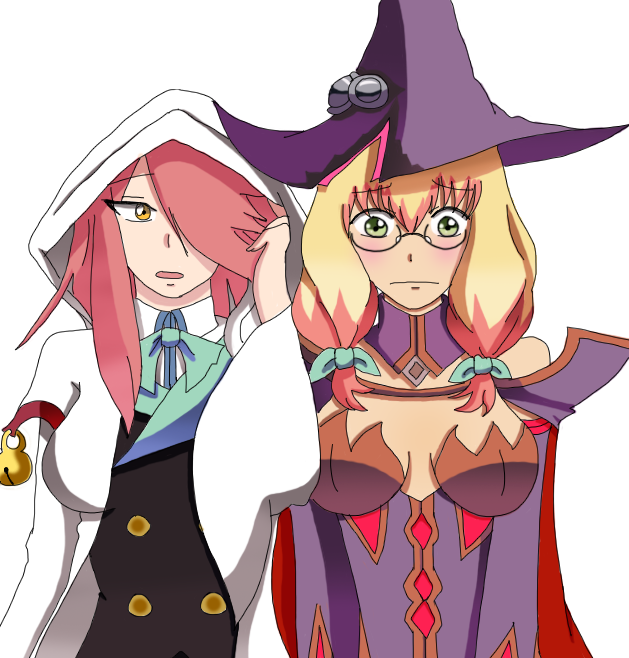 2girls arc_system_works artist_request blazblue blazblue:_central_fiction blonde_hair blush breasts cosplay costume_switch dress embarrassed glasses gradient_hair green_eyes hair_over_one_eye hair_ribbon hat konoe_a_mercury konoe_a_mercury_(cosplay) long_hair looking_at_viewer multicolored_hair multiple_girls open_mouth orange_eyes parted_lips pink_hair ribbon simple_background trinity_glassfield trinity_glassfield_(cosplay) upper_body witch witch_hat