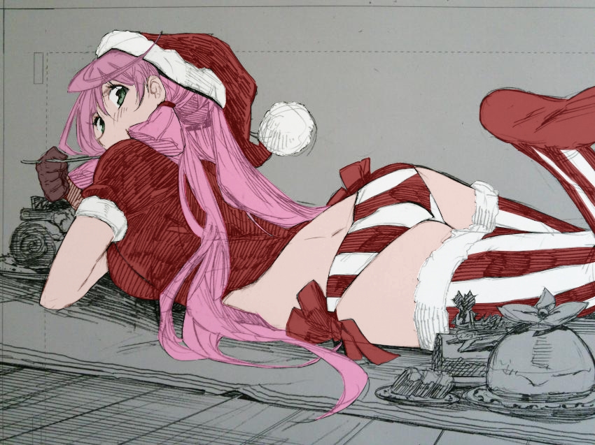 1girl akashi_(kantai_collection) ass cake eating food green_eyes grey_background hair_ribbon hat highres kantai_collection kojima_takeshi long_hair looking_at_viewer looking_back lying monochrome on_stomach panties pink_hair ribbon santa_costume santa_hat sketch solo thigh-highs thighs tress_ribbon twintails underwear