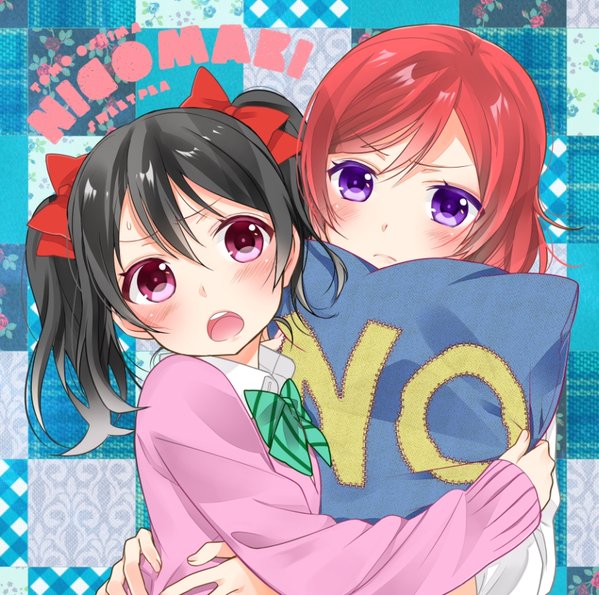 2girls bangs black_hair blush bow bowtie breasts cardigan cowboy_shot curtains eye_contact from_side frown hair_bow half-closed_eyes hand_on_another's_chin incipient_kiss indoors long_sleeves looking_at_another love_live!_school_idol_project multiple_girls nervous nishikino_maki ooshima_tomo orange_eyes pink_hair plaid plaid_skirt pleated_skirt profile school_uniform shirt short_hair short_sleeves short_twintails skirt sleeves_past_wrists small_breasts striped sweatdrop sweater_vest twintails violet_eyes wide-eyed window yazawa_nico yuri