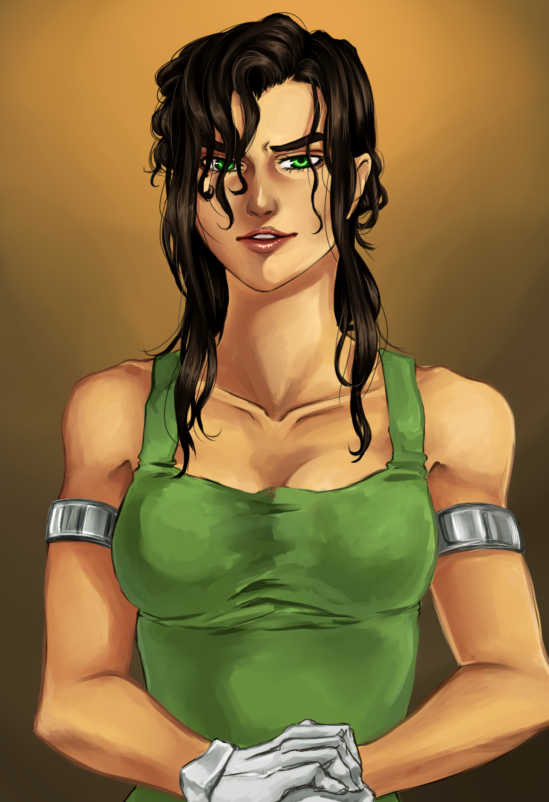 1girl alternate_hairstyle armlet artist_request avatar:_the_last_airbender black_hair breasts cleavage gloves green_eyes hands_together kuvira looking_at_viewer smile solo tank_top the_legend_of_korra toned upper_body white_gloves
