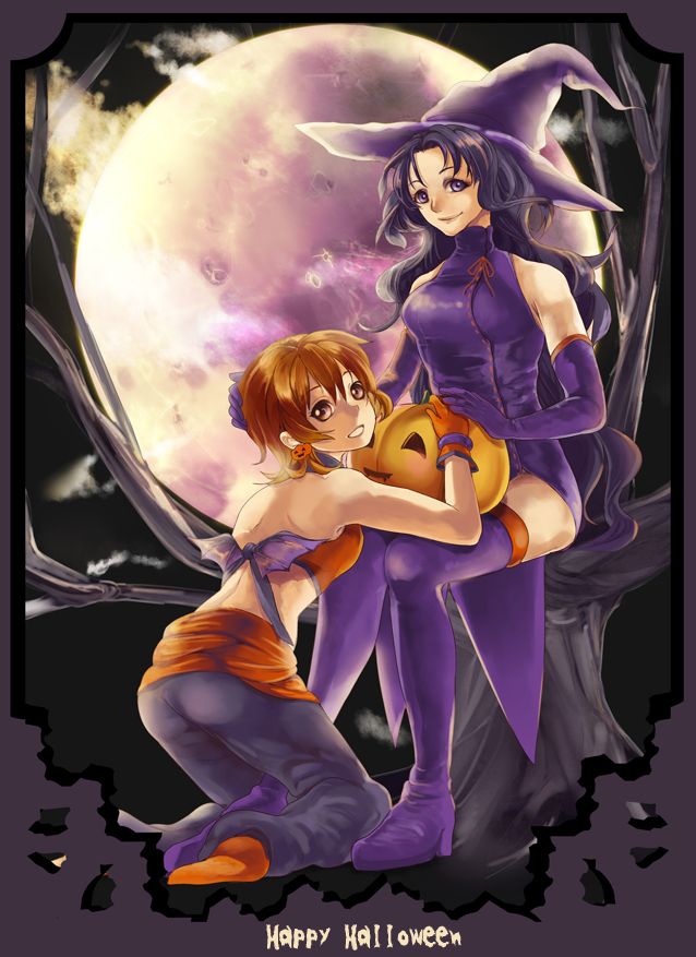 2girls annie_barrs back bare_shoulders black_hair boots breasts brown_eyes brown_hair earrings elbow_gloves gloves halloween hat hilda_rhambling jewelry lips long_hair makeup midriff moon multiple_girls open_mouth pants pumpkin shoes short_hair smile tales_of_(series) tales_of_rebirth thigh_boots violet_eyes witch_hat
