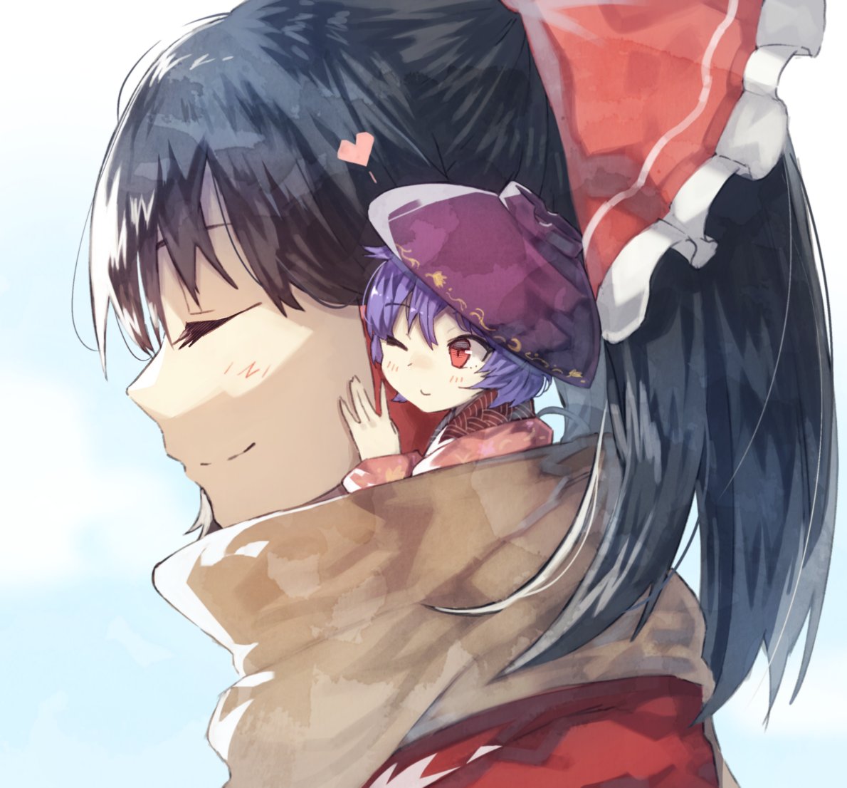 2girls ;) bangs bei_mochi black_hair bow bowl bowl_hat brown_scarf closed_eyes closed_mouth from_side hair_bow hakurei_reimu hat heart japanese_clothes kimono long_hair minigirl multiple_girls one_eye_closed profile red_bow red_eyes smile sukuna_shinmyoumaru touhou upper_body violet_eyes