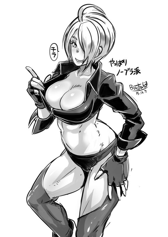 1girl ahoge angel_(kof) breasts butcha-u cleavage dated female fingerless_gloves gloves hair_over_one_eye jacket king_of_fighters large_breasts leather leather_gloves leather_jacket monochrome short_hair signature snk solo tagme the_king_of_fighters toned