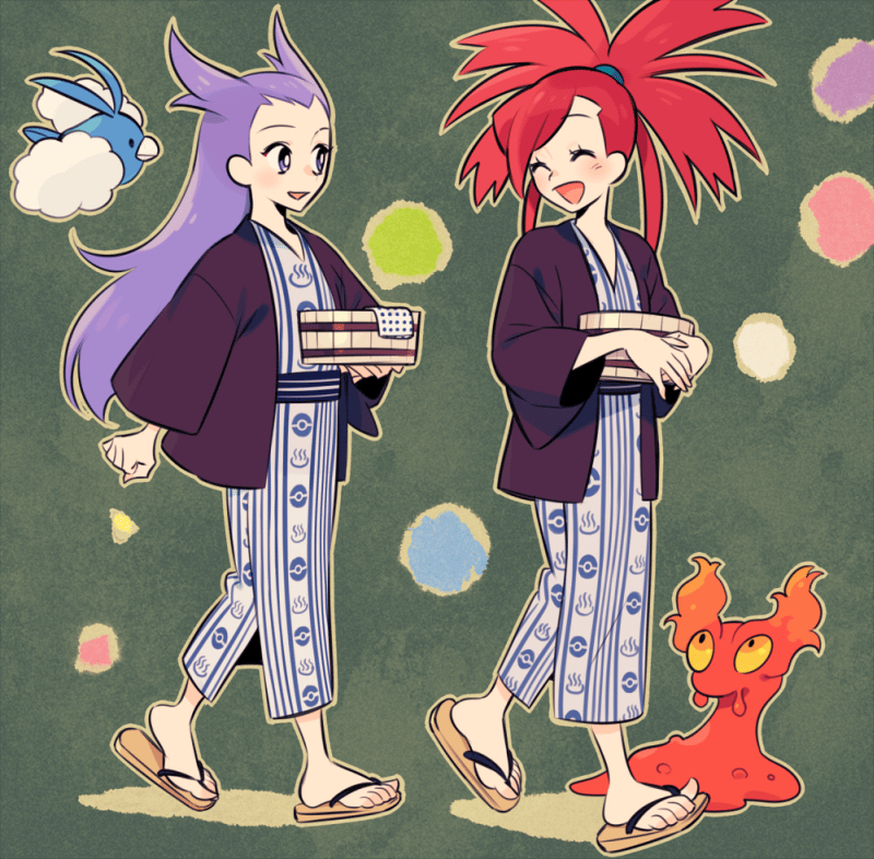 10s 2girls asuna_(pokemon) gym_leader multiple_girls nagi_(pokemon) pokemon pokemon_(game) pokemon_oras purple_hair redhead robe slugma smile swablu ucchii