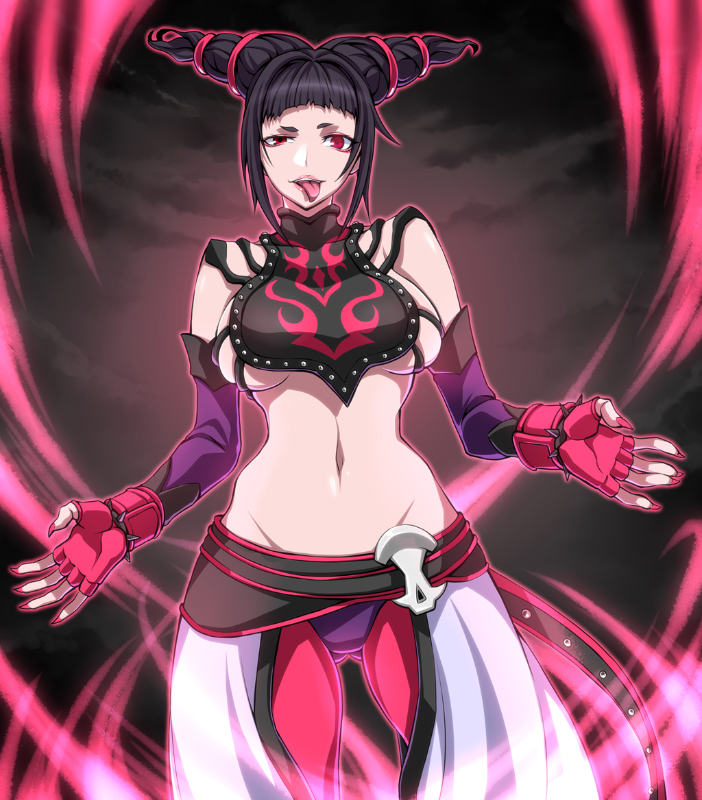1girl breasts crazy_eyes female halter_top halterneck han_juri kurobuchi_numama large_breasts looking_at_viewer midriff navel sideboob solo spiked_bracelet stomach street_fighter street_fighter_iv tongue tongue_out under_boob