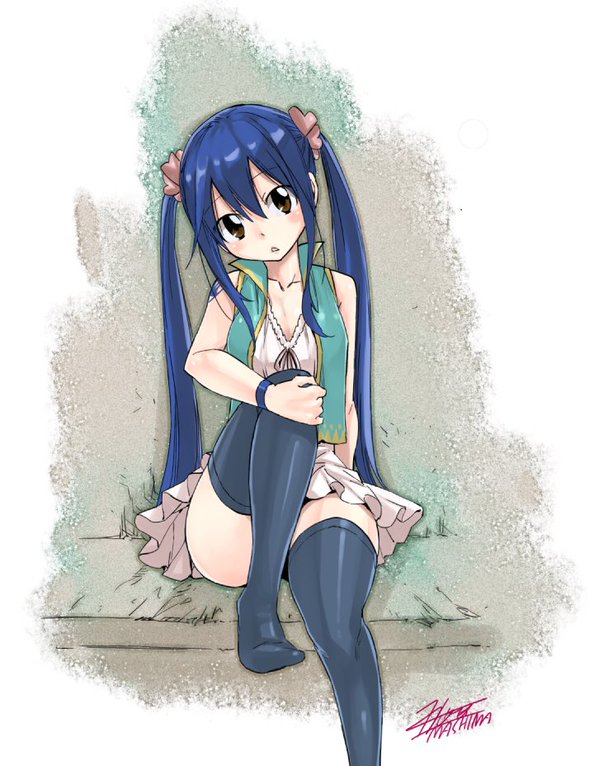 1girl blue_hair breasts brown_eyes child fairy_tail feet hair_ornament mashima_hiro no_shoes official_art skirt small_breasts solo tattoo thigh-highs twintails wendy_marvell