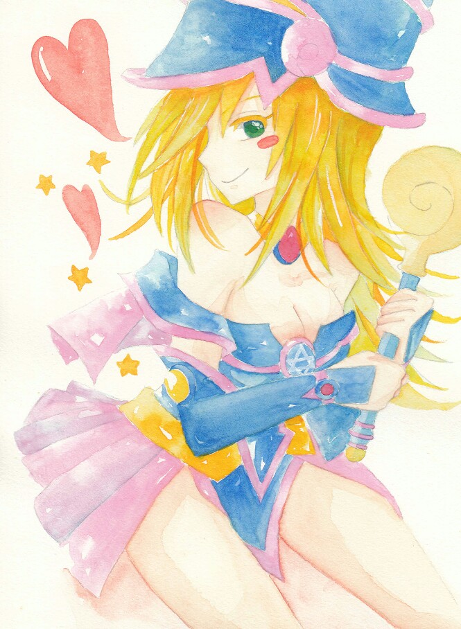 1girl bare_shoulders blonde_hair breasts dark_magician_girl duel_monster green_eyes hat long_hair magical_girl skirt smile solo traditional_media wand wizard_hat yu-gi-oh! yuu-gi-ou_duel_monsters