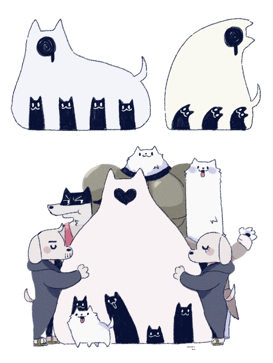 :3 annoying_dog armor dog dogamy dogaressa doggo endogeny greater_dog heart hug lesser_dog long_neck no_humans open_mouth simple_background slippers tagme tongue undertale white_background