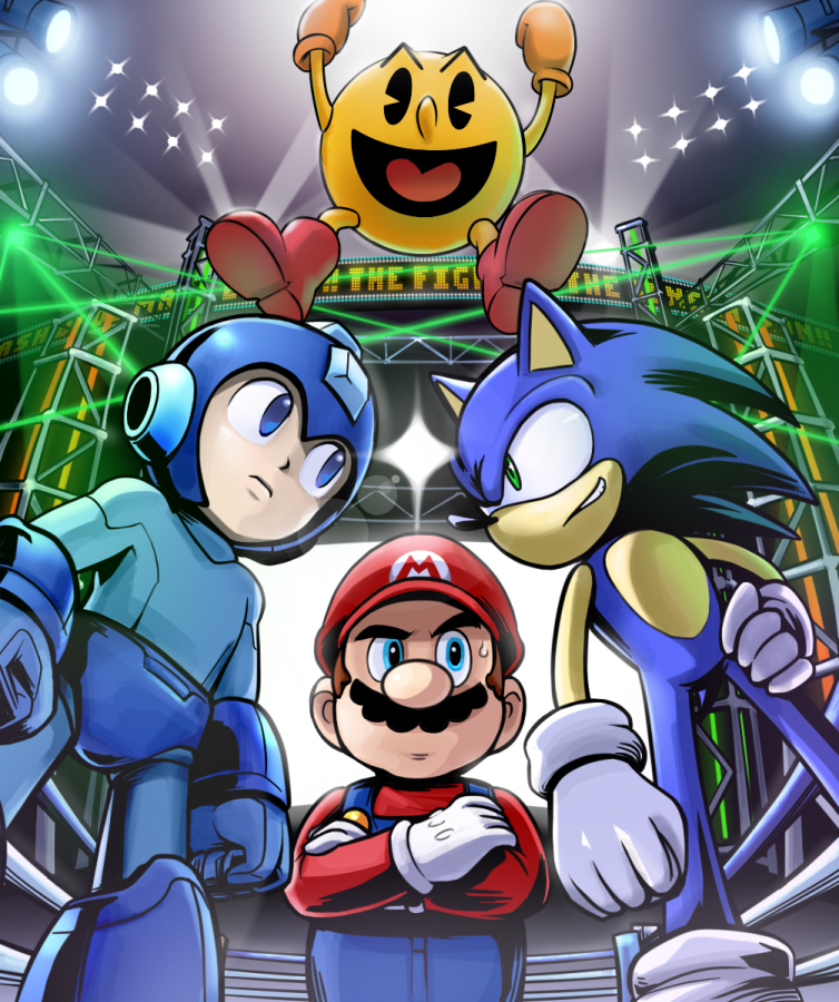 4boys brown_hair capcom crossover hat mario multiple_boys namco nintendo pac-man rockman rockman_(character) sega short_hair sonic sonic_the_hedgehog super_mario_bros. super_smash_bros.