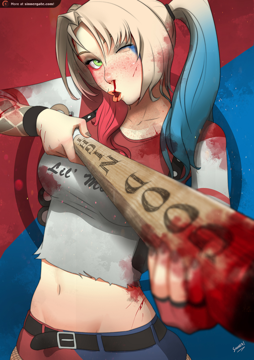 1girl baseball_bat batman_(series) blood blood_stain bloody_weapon dc_comics dccu green_eyes harley_quinn looking_at_viewer midriff navel nosebleed one_eye_closed single_glove sinner!_(sillygirl) solo suicide_squad twintails two-tone_hair upper_body weapon wink