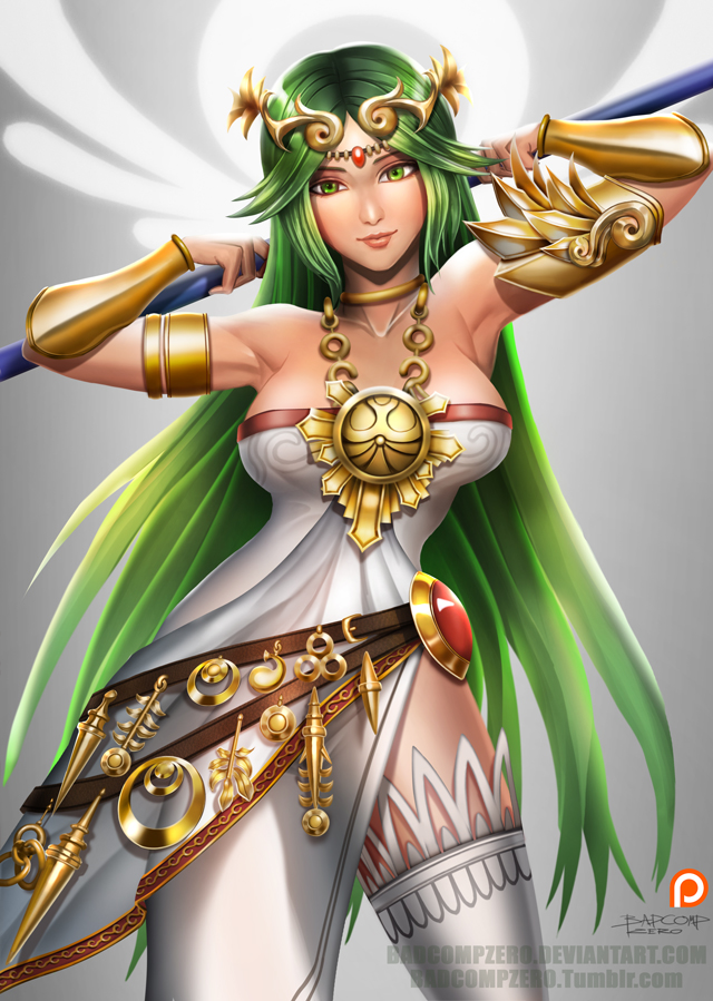 1girl armpits badcompzero breasts bridal_gauntlets cleavage green_hair jewelry kid_icarus kid_icarus_uprising looking_at_viewer lots_of_jewelry over_shoulder palutena side_slit solo staff thigh-highs tiara weapon_over_shoulder