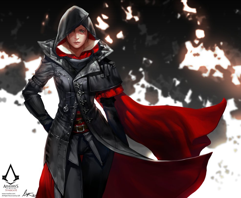 1girl assassin's_creed assassin's_creed_(series) belt brown_hair cape evie_frye hood solo standing
